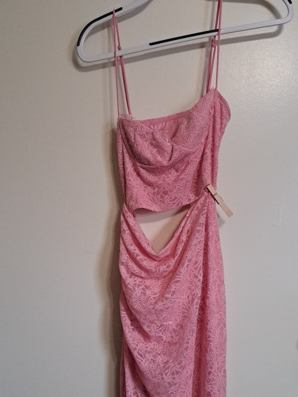Pink Lace Asymmetrical Maxi Dress - Spaghetti Strap